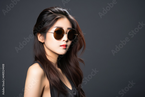 Wallpaper Mural Beautiful Asian Woman Years Old In Beachwear Wearing Sunglasses On Gray Background. Сoncept Asian Beauty, Beachwear Beauty, Sunglasses Style, Gray Background Torontodigital.ca