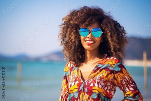 Beautiful Black Woman Years Old In Beachwear Wearing Sunglasses On Sea Background. Сoncept Beautiful Black Women Joys Of Beachwear, Trending Sunglasses, Splendor Of Sea Background, Aging Gracefully © Anastasiia