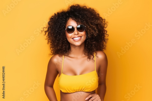 Beautiful Black Woman Years Old In Beachwear Wearing Sunglasses On Yellow Background. Сoncept Representation Of Woc, Ageism In Fashion, Beachwear Trends, Power Of Styling photo