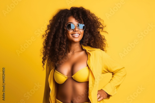 Beautiful Black Woman Years Old In Beachwear Wearing Sunglasses On Yellow Background. Сoncept Black Representation In Beachwear, Sunglasses For Protection And Style, The Beauty Of Aging Gracefully