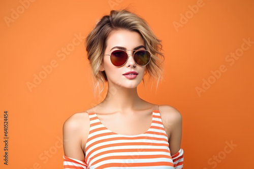 Beautiful European Woman Years Old In Beachwear Wearing Sunglasses On Orange Background
