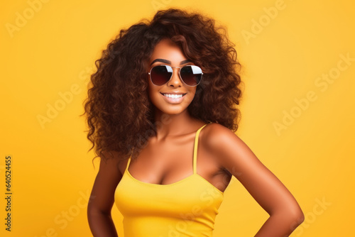 Woman In Yellow Tank Top And Sunglasses. Сoncept Style, Summer Fashion, Sun Protection, Accessorizing