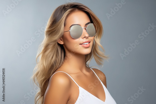 Beautiful European Woman Years Old In Beachwear Wearing Sunglasses On Gray Background. Сoncept European Beauty, Beachwear Fashion, Sunglasses, Aging Gracefully