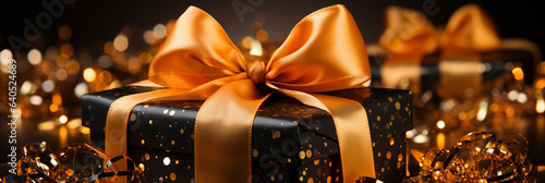 Weihnachtsgeschenke Box schwarz mit Schleife in orange mit schöner glitzer Deko auf dunklen Hintergrund Nahaufnahme in Querformat für Banner, ai generativ