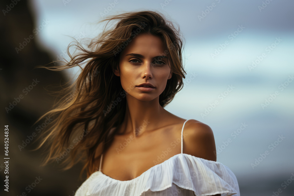 Graceful Young Woman Model By The Sea . Сoncept Fashion Photography, Posing By The Sea, Graceful Young Women, Modeling In The Elements