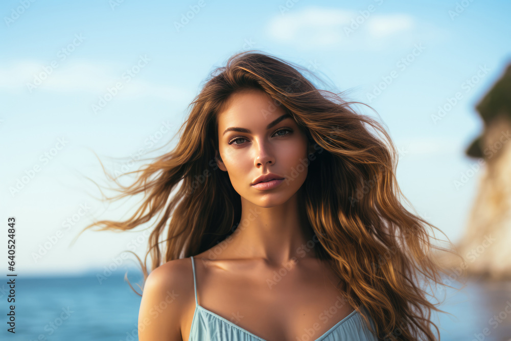 Graceful Young Woman Model By The Sea . Сoncept Seainspired Style Trends, Graceful Beachside Photoshoots, Youthful Female Modelling, Natural Beauty Goals