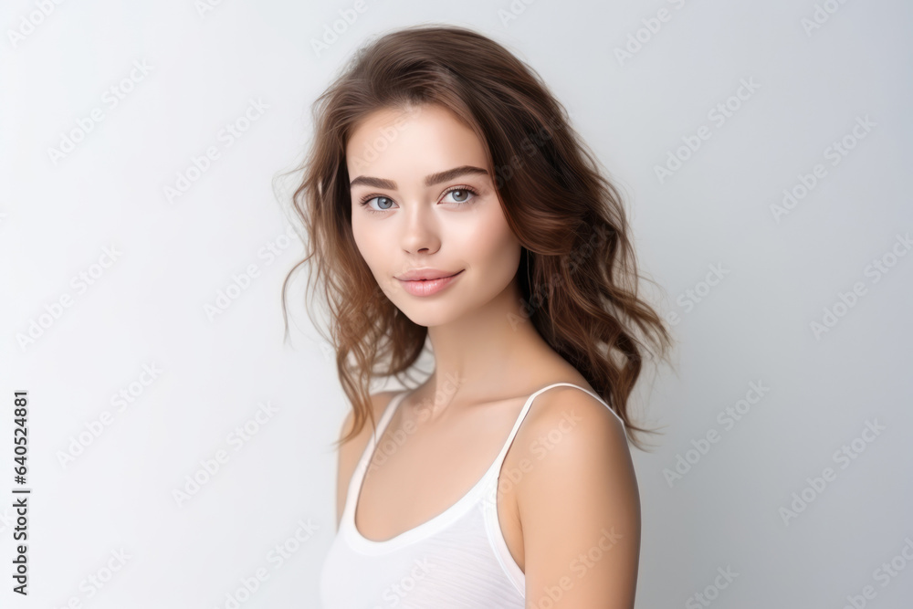 Graceful Young Woman Model On White Background . Сoncept Feminine Elegance In Portraits, Styling A Photoshoot, Expert Makeup Application, Building Selfconfidence Graceful Young Woman Model On White Background . Сoncept Feminine Elegance In Portraits, Styling A Photoshoot, Expert Makeup Application, Building Selfconfidence