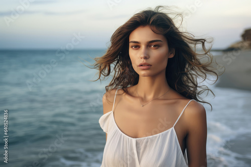 Graceful Young Woman Model By The Sea . Сoncept Fashion Photography, Young Womens Empowerment, Inspirational Coastal Settings, Conceptualizing Scenes Through Art