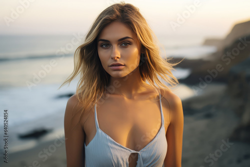 Graceful Young Woman Model Oceanside . Сoncept Graceful Young Woman Modeling, Seaside Fashion, Beachside Editorial Photoshoot, Beaches As A Photoshoot Location