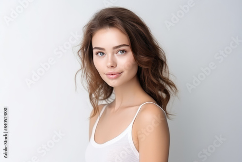 Graceful Young Woman Model On White Background . Сoncept Feminine Elegance In Portraits, Styling A Photoshoot, Expert Makeup Application, Building Selfconfidence
