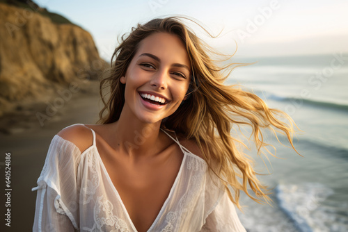 Lively Young Woman Model Oceanside . Сoncept Vacation Photo Outfits, How To Pose In A Swimsuit, Tips For Styling A Beach Photo Shoot, Beachy Hair And Makeup Tips photo