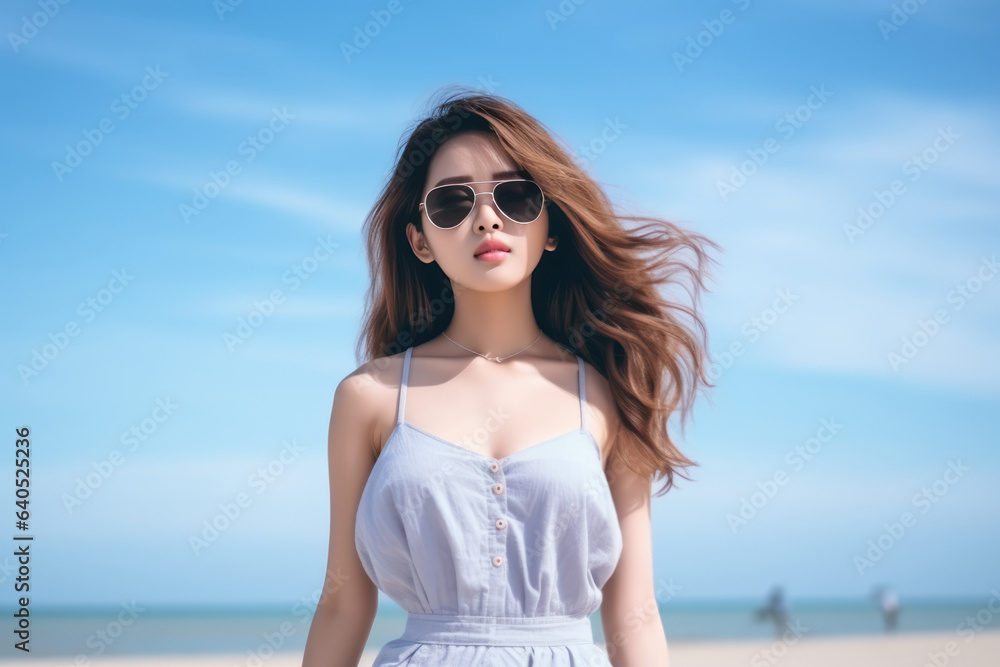Beautiful Korean Woman Years Old In Beachwear Wearing Sunglasses On Sea Background. Сoncept Korean Beauty, Beachwear Fashion, Sunglasses Styles, Beach Vacations Beautiful Korean Woman Years Old In Beachwear Wearing Sunglasses On Sea Background. Сoncept Korean Beauty, Beachwear Fashion, Sunglasses Styles, Beach Vacations
