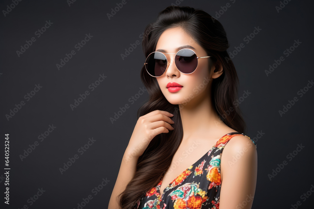 Beautiful Thai Woman Years Old In Beachwear Wearing Sunglasses On Gray Background Beautiful Thai Woman Years Old In Beachwear Wearing Sunglasses On Gray Background