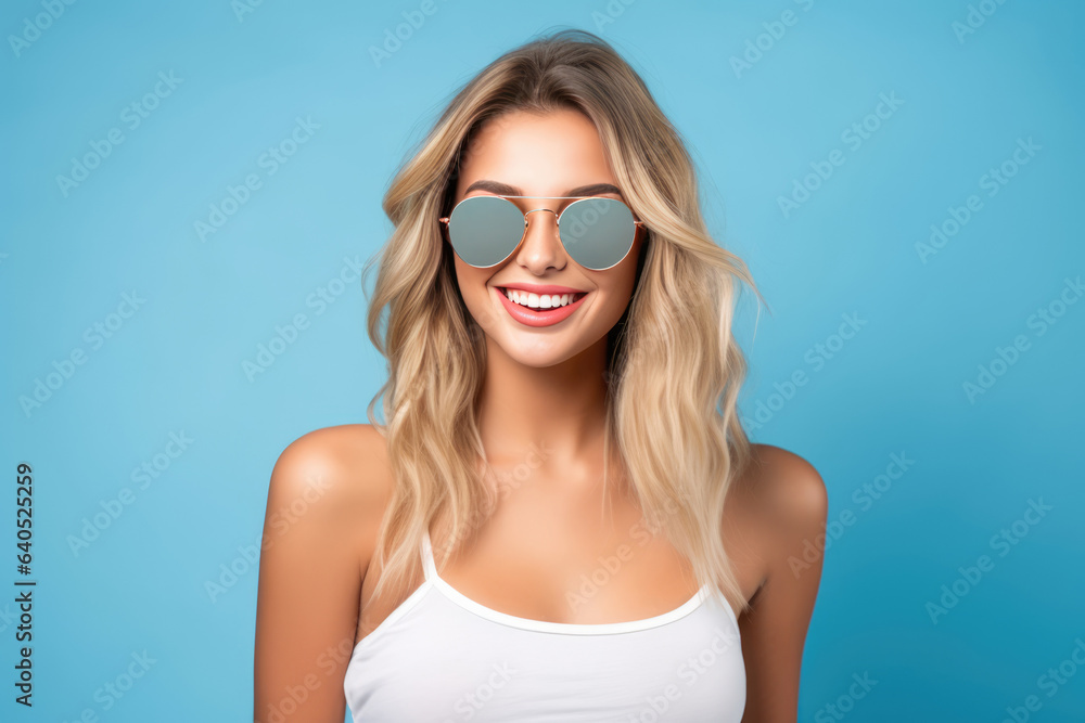 Beautiful White Woman Years Old In Beachwear Wearing Sunglasses On Blue Background. Сoncept Fashion And Beauty, Beachwear, Ageing Gracefully, Transcending Trends