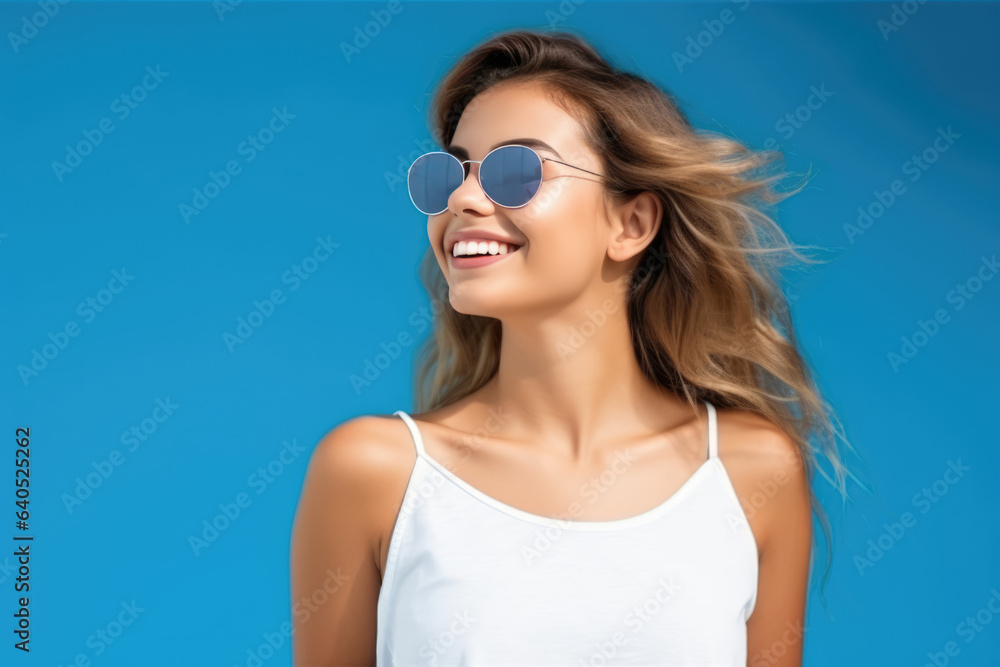 Beautiful White Woman Years Old In Beachwear Wearing Sunglasses On Blue Background. Сoncept White Woman Beauty, Age Beachwear, Sunglasses, Blue Background