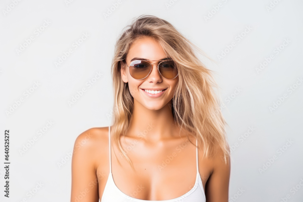 Beautiful White Woman Years Old In Beachwear Wearing Sunglasses On White Background. Сoncept White Woman Beauty, Beachwear Fashion Trends, Age Empowerment, Sunglasses Fashion Beautiful White Woman Years Old In Beachwear Wearing Sunglasses On White Background. Сoncept White Woman Beauty, Beachwear Fashion Trends, Age Empowerment, Sunglasses Fashion