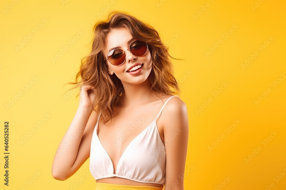 Beautiful White Woman Years Old In Beachwear Wearing Sunglasses On Yellow Background Beautiful White Woman Years Old In Beachwear Wearing Sunglasses On Yellow Background