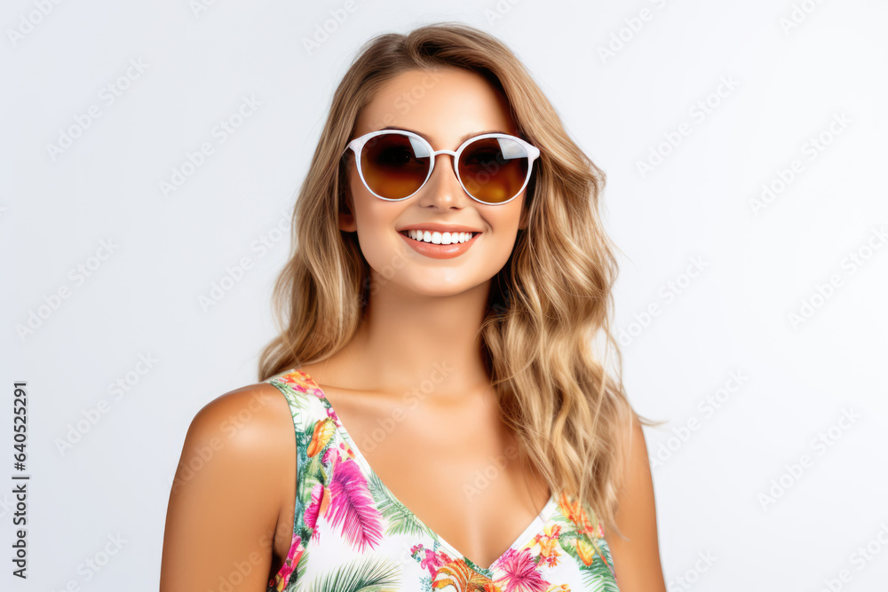 Beautiful White Woman Years Old In Beachwear Wearing Sunglasses On White Background. Сoncept Beauty Of Age, Beachwear Trending, Style Inspiration, Sunglasses Essential Beautiful White Woman Years Old In Beachwear Wearing Sunglasses On White Background. Сoncept Beauty Of Age, Beachwear Trending, Style Inspiration, Sunglasses Essential