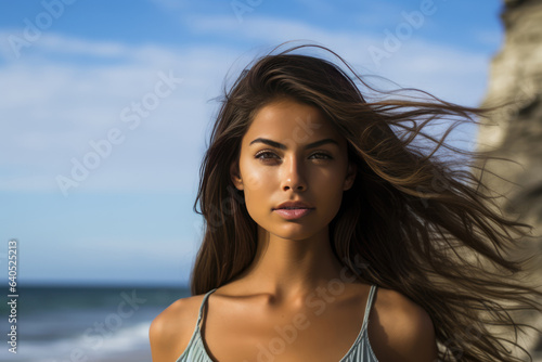 Captivating Young Woman Model Oceanside . Сoncept Young Woman Modeling By The Sea, Captivating Photos At The Beach, Making Waves In The Fashion World, Oceanside Living And Life