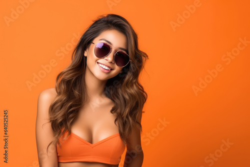 Beautiful Thai Woman Years Old In Beachwear Wearing Sunglasses On Orange Background. Сoncept Thai Woman In Beachwear, Fashionably Styled Sunglasses, Youthful Age Range, Vibrant Orange Backdrop