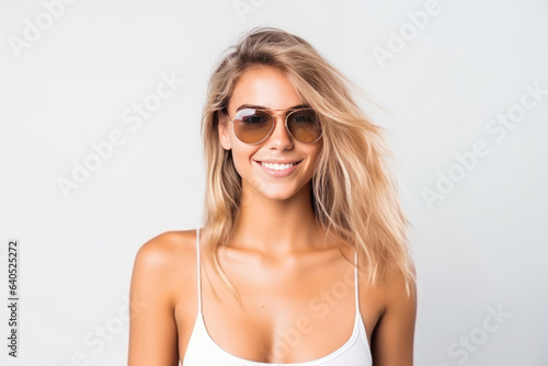 Beautiful White Woman Years Old In Beachwear Wearing Sunglasses On White Background. Сoncept White Woman Beauty, Beachwear Fashion Trends, Age Empowerment, Sunglasses Fashion