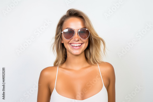 Beautiful White Woman Years Old In Beachwear Wearing Sunglasses On White Background. Сoncept Ocean Beaches, Beauty Standards, White Privilege, Womens Fashion