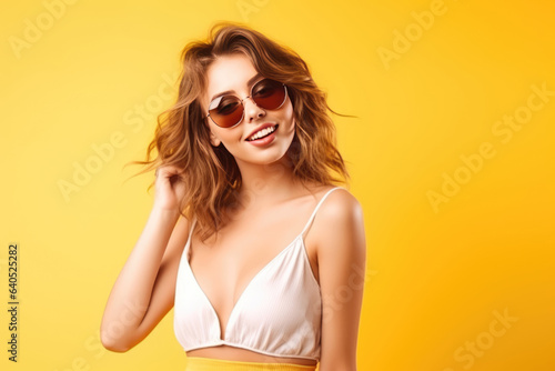 Beautiful White Woman Years Old In Beachwear Wearing Sunglasses On Yellow Background