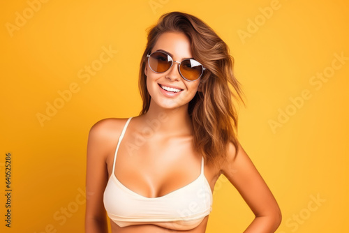 Beautiful White Woman Years Old In Beachwear Wearing Sunglasses On Yellow Background. Сoncept White Beachwear Fashion, Beauty And Confidence Of Aging, Sunglasses As A Fashion Statement