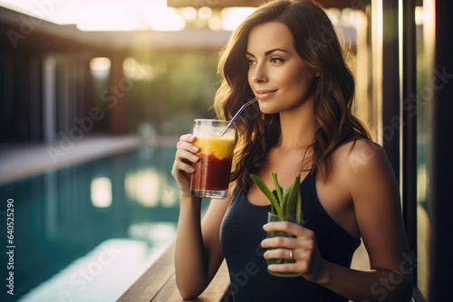 Beautiful Young Australian Woman Model In Lounging By The Pool With Smoothie , Excellent Detail, Cinematic Lighting, Early Morning Years, Studio Photography, Med()