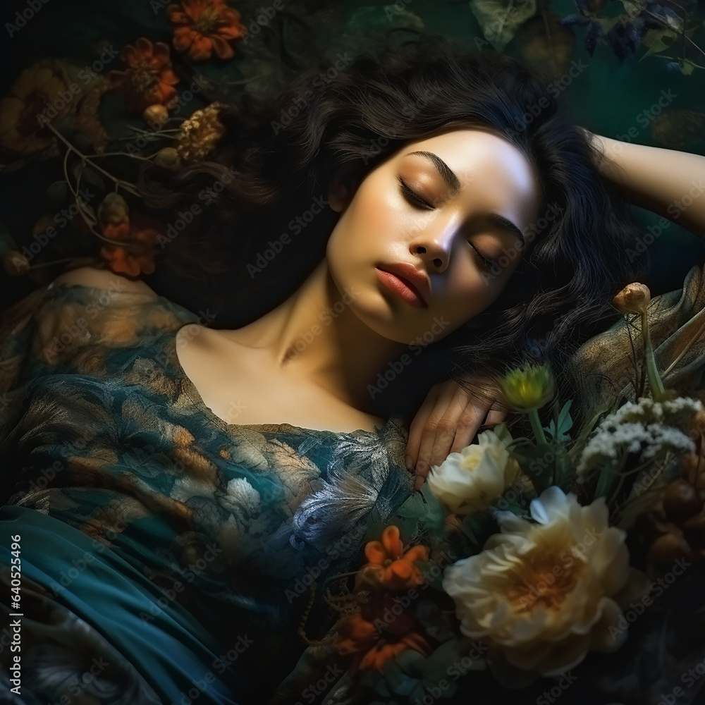 Beautiful woman sleeping flower around her. Closeup shot Beautiful woman sleeping flower around her. Closeup shot