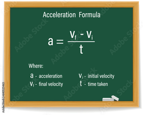 Acceleration Formula on a green chalkboard. Education. Science. Formula. Vector illustration.