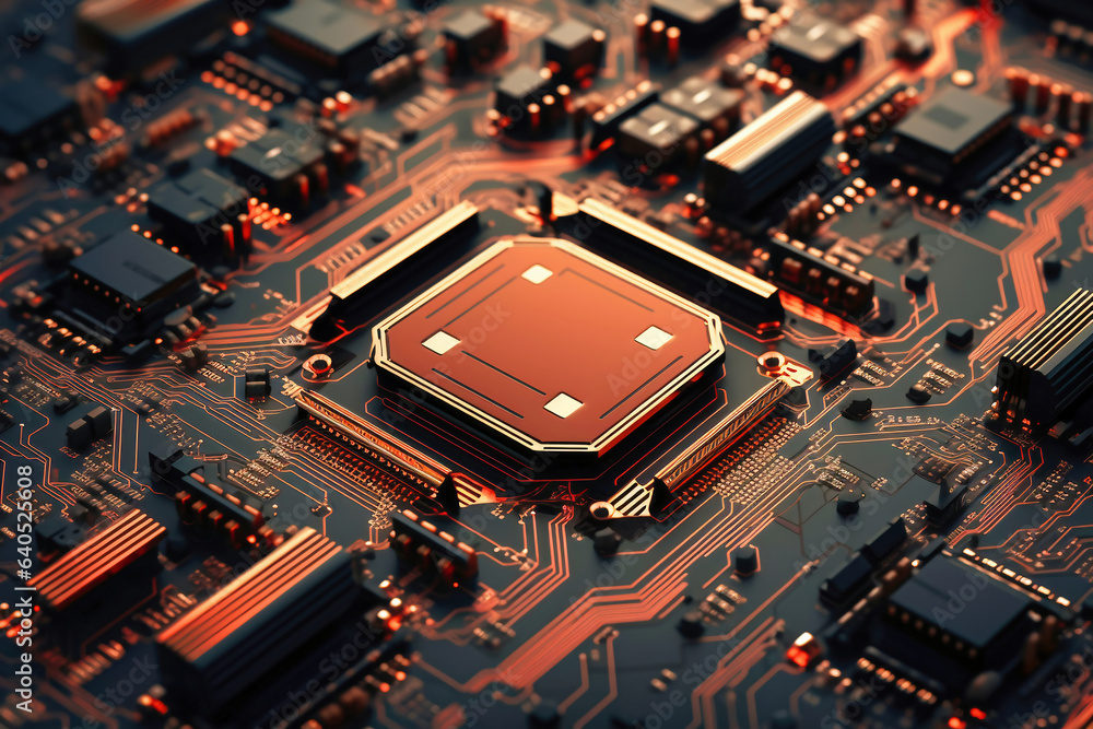 Fototapeta premium A powerful computer processor or chip on a motherboard. Modern technologies. Red background.