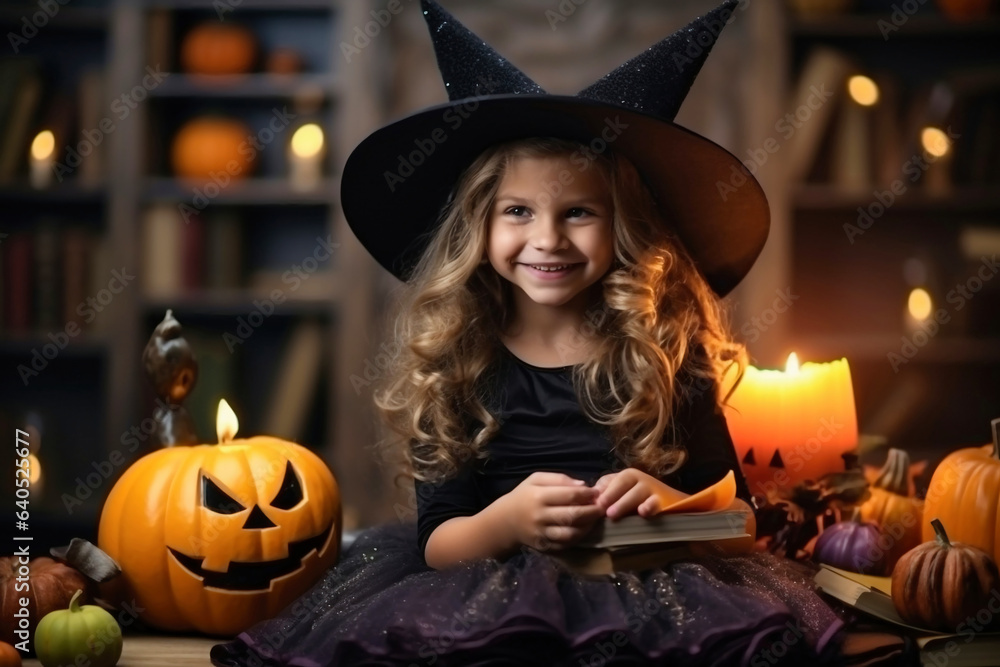 Happy cheerful little girl dressed as a witch or an evil sorceress in makeup is having fun at the Halloween celebration. Festive costume. Jack lantern. Happy cheerful little girl dressed as a witch or an evil sorceress in makeup is having fun at the Halloween celebration. Festive costume. Jack lantern.