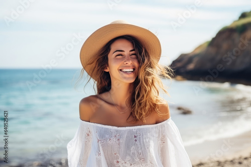 Cheerful Young Woman Model Against The Sea .   oncept Beach Fashion The Perfect Shoot  Youthful Joy Exploring Barefoot By The Shore  Attitude And Confidence Captivating A Joyful Moment
