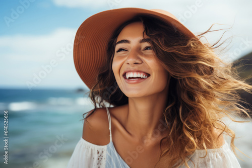 A Woman In A Hat Smiles While Standing On The Beach. Сoncept Womens Appreciation Of The Outdoors, The Importance Of Sun Protection, Joyful Moments On The Beach, The Power Of Smiling