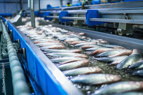 Fish processing plant. Production Line. Raw sea fish on a factory conveyor. Production of canned fish. modern food industry.