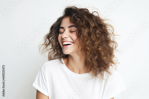 Cheerful Young Woman Model On White Background. Сoncept Cheerful Fashion, Young Womens Empowerment, Modeling Industry, Beauty Standards