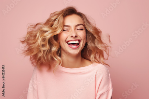 Cheerful Young Woman Model On Pastel Background