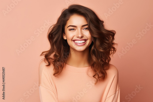 Cheerful Young Woman Model On Pastel Background.   oncept Cheerful Young Women  Modeling  Pastel Backgrounds  Confidence Selfcare