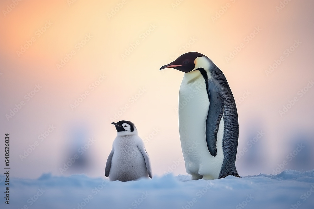 Naklejka premium An emperor penguin with his young chick in the snow - Generative AI