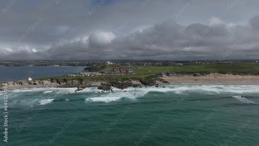 Establishing shot showing the Headland Hotel and a busy Fistral beach, Newquay Establishing shot showing the Headland Hotel and a busy Fistral beach, Newquay