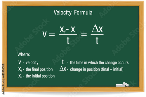 Velocity  Formula on a green chalkboard. Education. Science. Formula. Vector illustration.