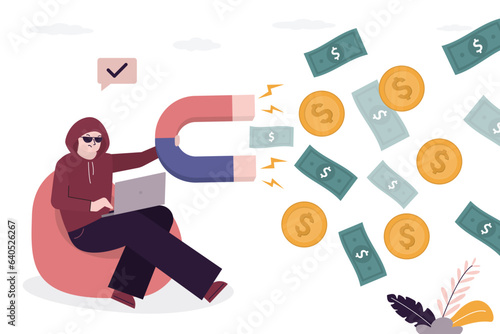 Smart hacker uses magnet and laptop to attract other people money. Steal, technology theft of data and money on Internet. Scamming, phishing, deception of users on network