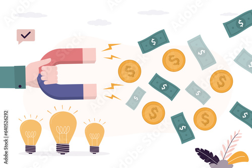 Visionary or startup developer uses magnet and attracts funding. Money and finance for innovative ideas. Venture fund invests in new startups. Croudfunding concept.