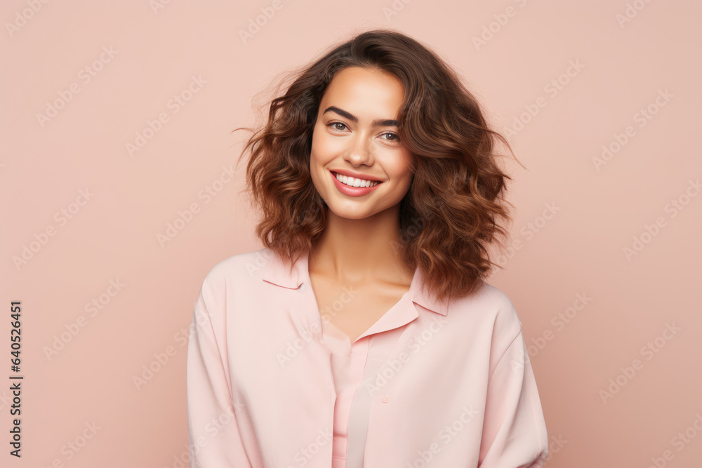 A Smiling Woman In A Pink Shirt. Сoncept Making Positive Changes In Your Life, The Power Of Smiling, Womens Style And Confidence, Benefits Of Wearing Pink A Smiling Woman In A Pink Shirt. Сoncept Making Positive Changes In Your Life, The Power Of Smiling, Womens Style And Confidence, Benefits Of Wearing Pink