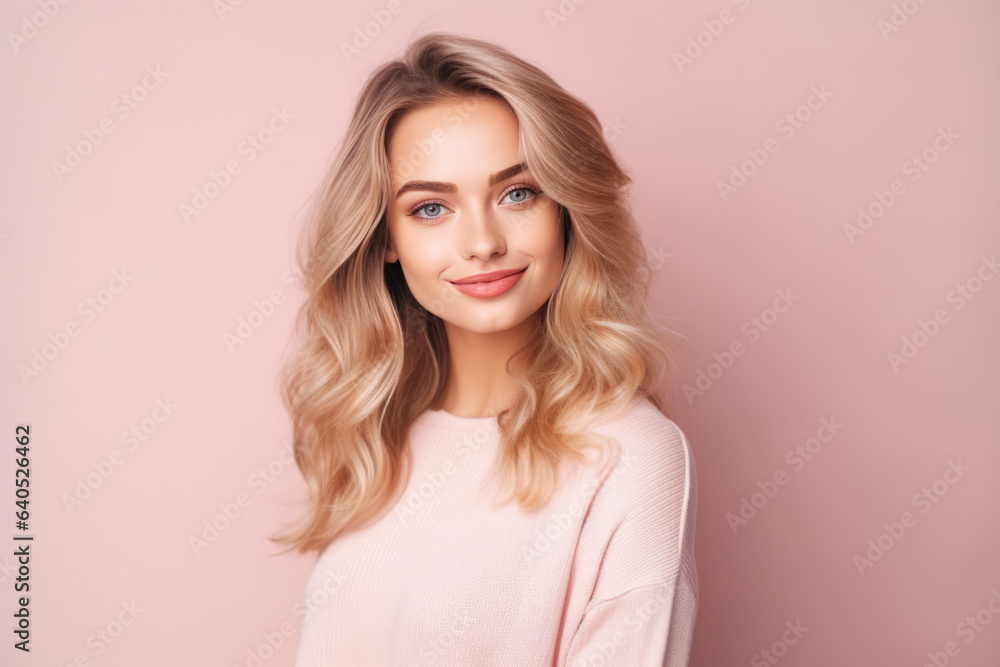 Obraz premium Confident Young Woman Model On Pastel Background . Сoncept Elegant Confidence, Femme Power Outfits, Modeling For The Camera, Modern Pastel Aesthetic