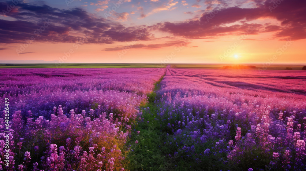 Beautiful rural landscape with blooming purple flowers