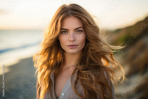 Confident Young Woman Model Oceanside . Сoncept Beachstyle Fashion Trends For Confident Young Women, Conquering Fears With Empowerment On The Beach, Oceanside Beauty Inspiration © Anastasiia