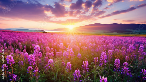Beautiful rural landscape with blooming purple flowers © Veniamin Kraskov