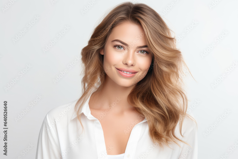 A Woman With Long Hair And A White Shirt. Сoncept Long Hair Care, White Shirts Styling, Fashion Inspiration, Hair Trends A Woman With Long Hair And A White Shirt. Сoncept Long Hair Care, White Shirts Styling, Fashion Inspiration, Hair Trends